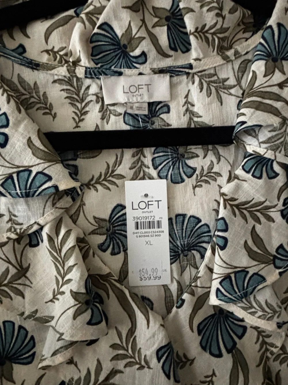 LOFT Cream Blouse with Teal Floral Ruffle Front